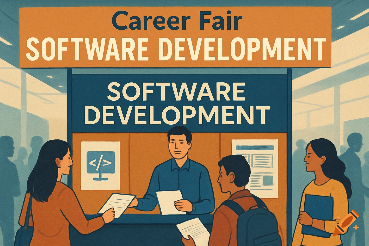 An illustration of a software development booth at a career fair, with students speaking to a recruiter.