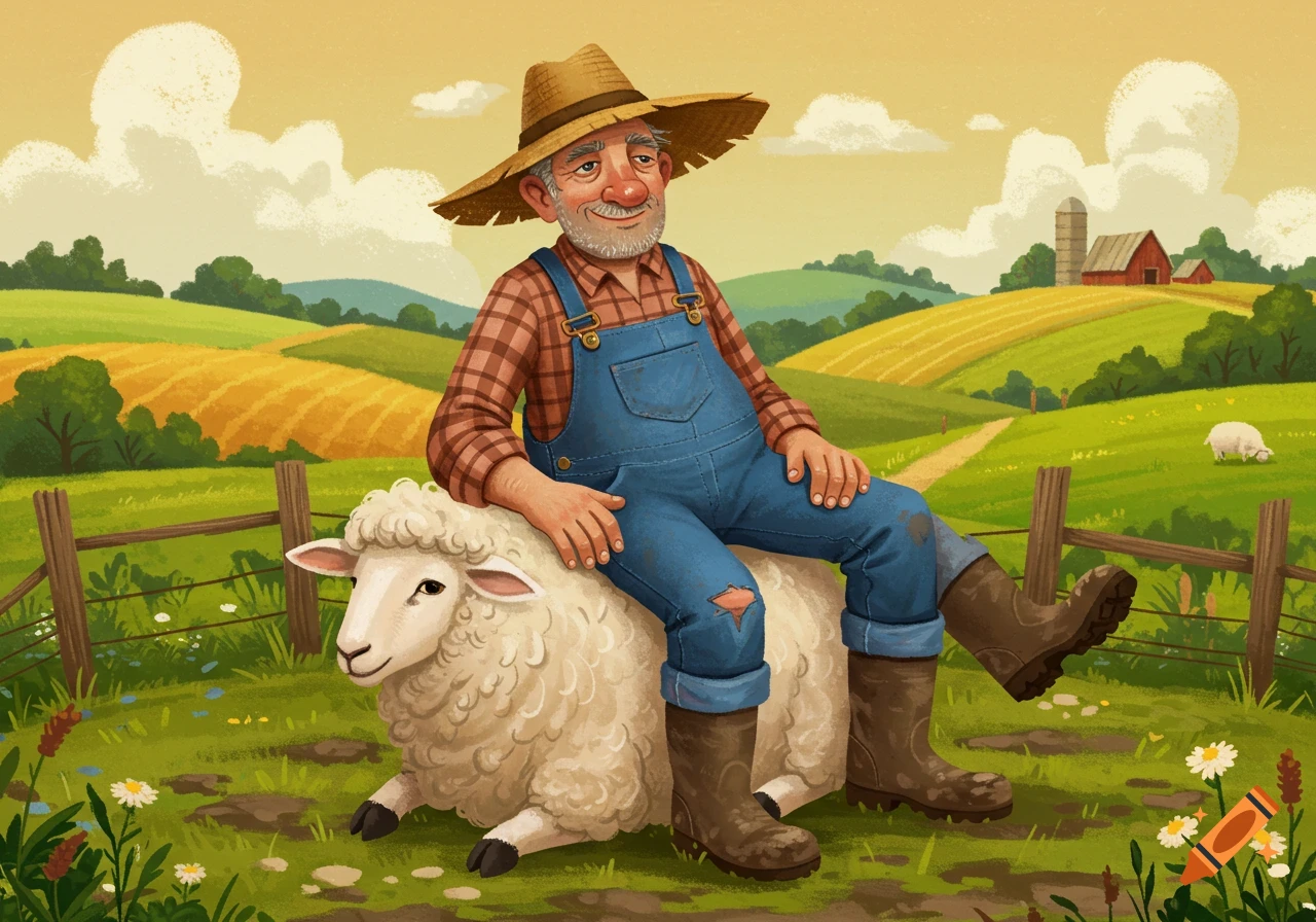 An illustrated farmer in overalls and a straw hat rests on a fluffy sheep in a sunny, green farm field.