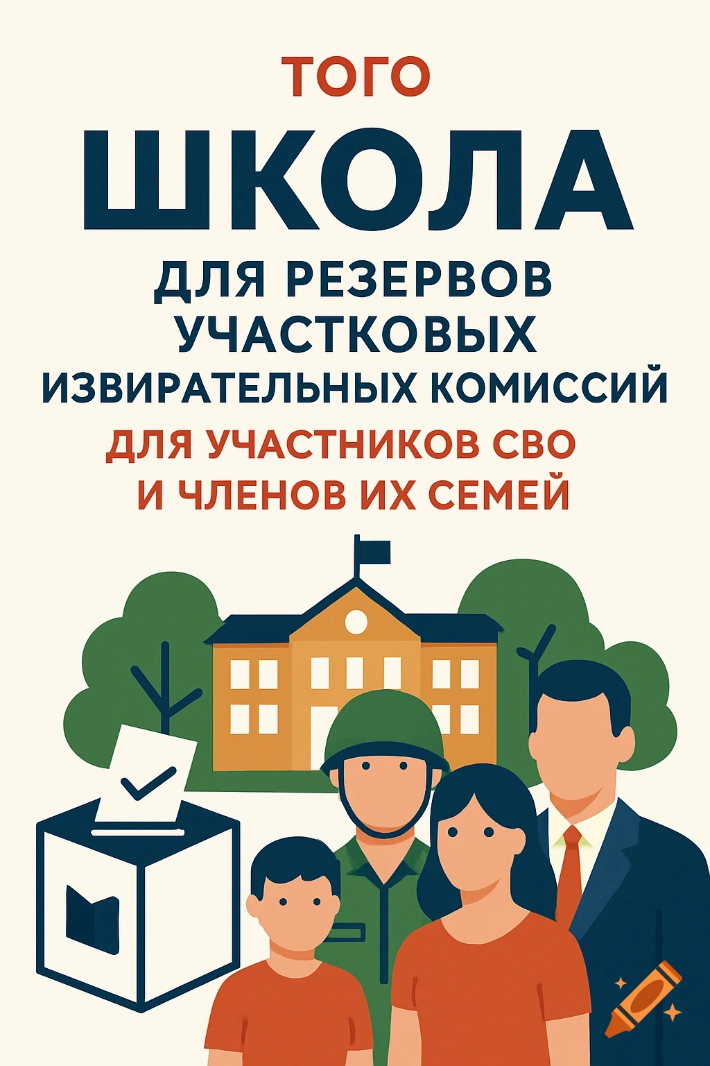 A propaganda poster with Russian text about a school for election commission reserves, SVO participants, and their families, with illustrations of a school, a ballot box, and a family with a soldier.