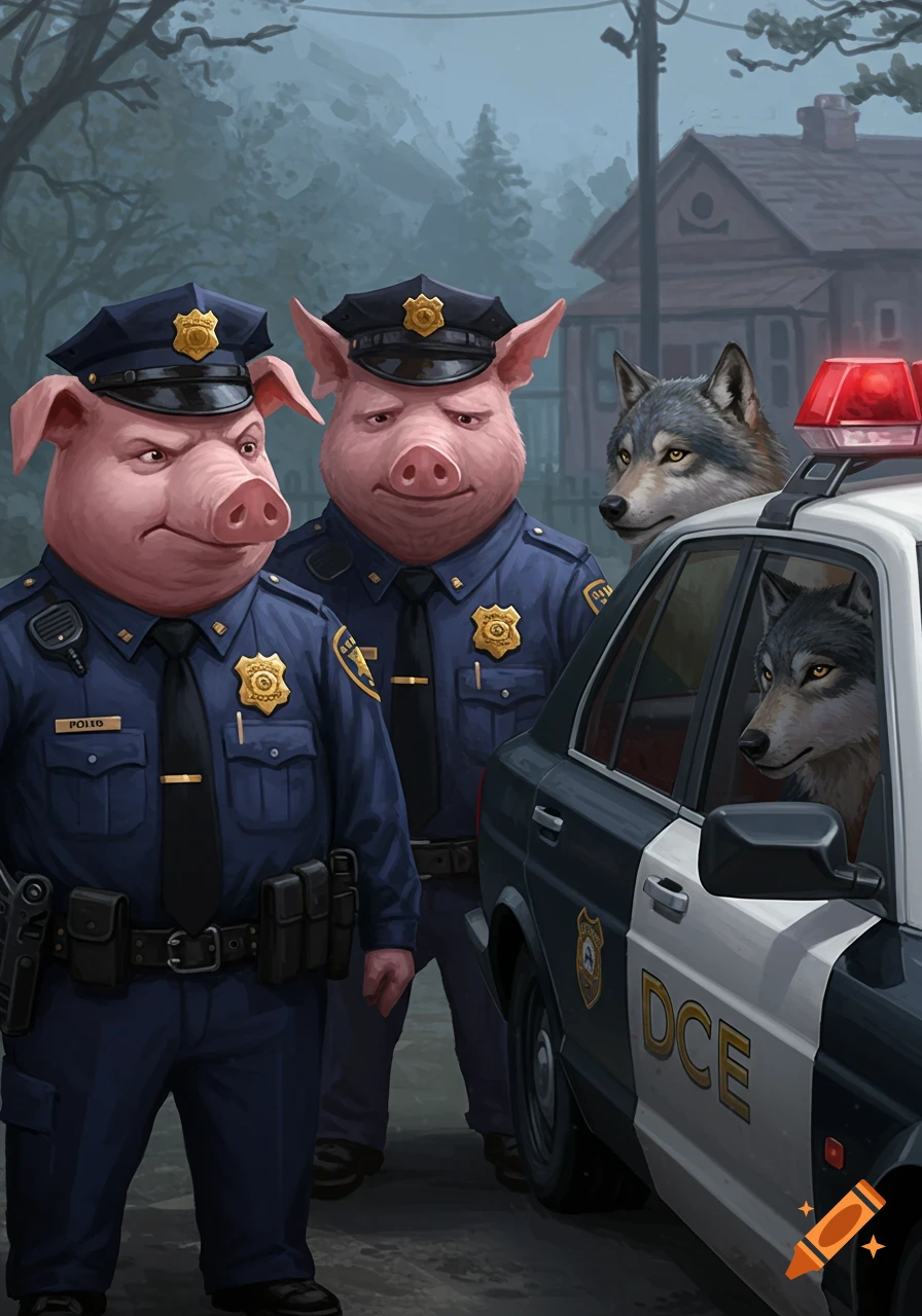 Two anthropomorphic pig police officers stand next to a police car containing two wolves, in a suburban setting.