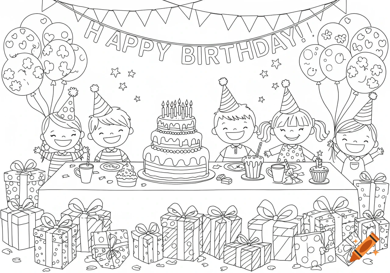 Black and white line art of happy children at a birthday party with a large cake, balloons, and many gifts.