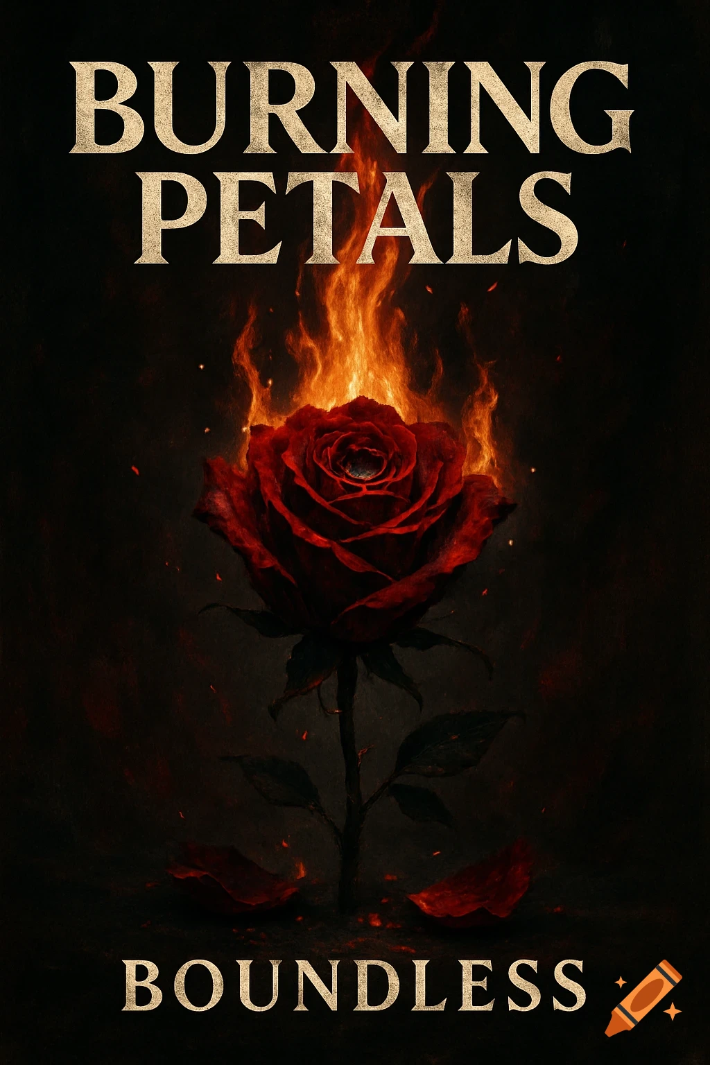 A dark album cover features a vibrant red rose engulfed in flames, with "BURNING PETALS" above and "BOUNDLESS" below.