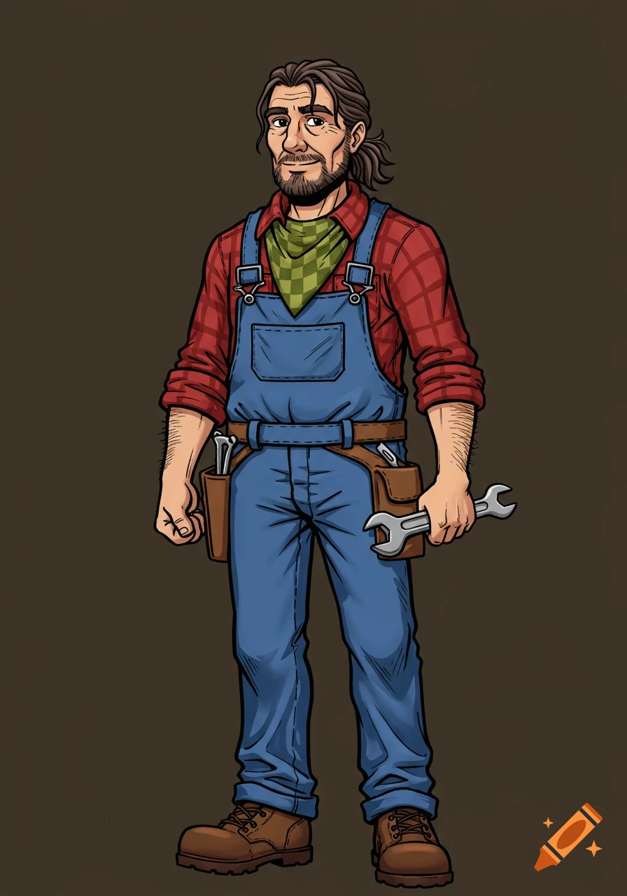 Comic book style illustration of a smiling man in blue overalls and a red flannel shirt, holding a wrench.