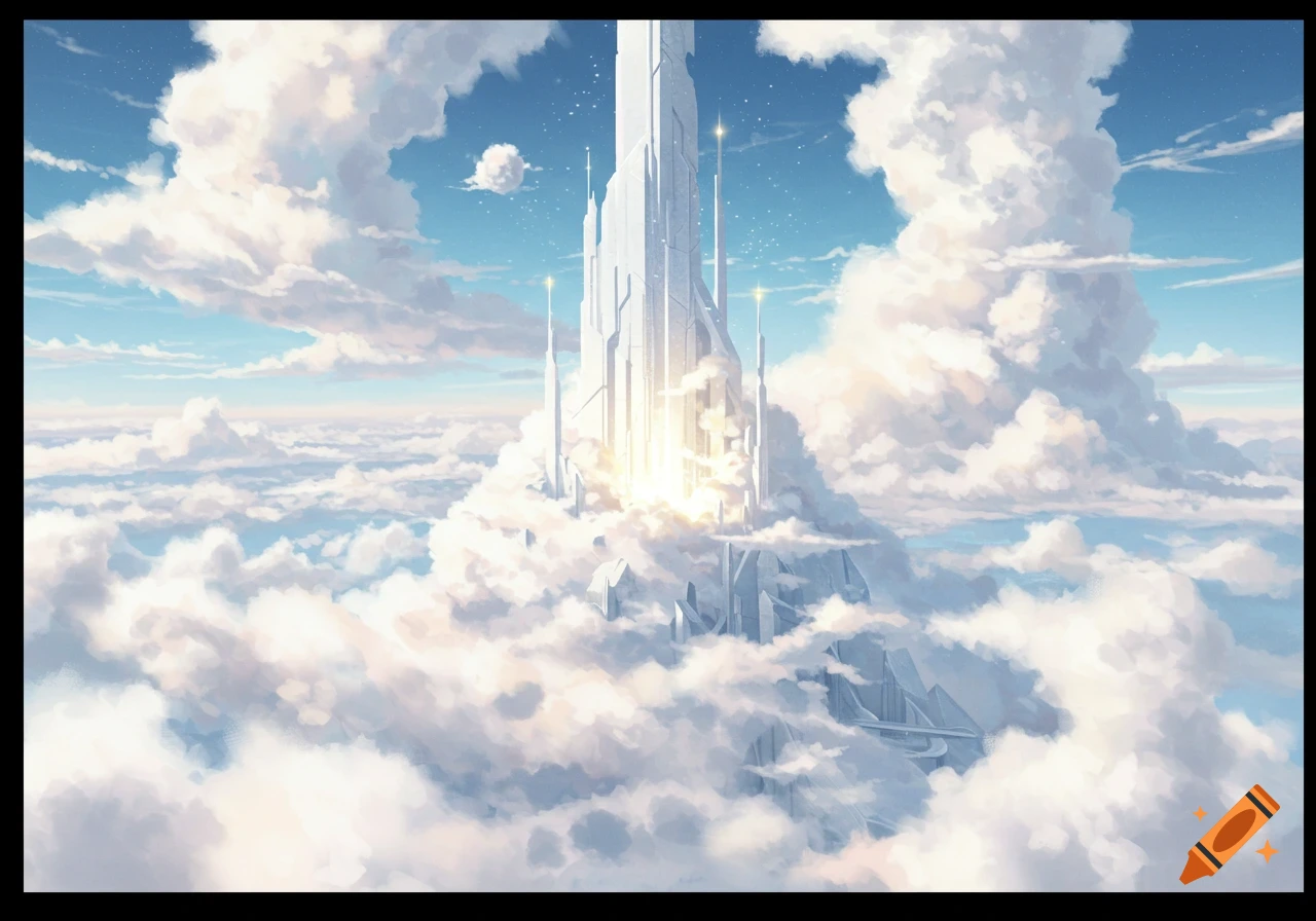 A tall, white futuristic spire emerges from a sea of white clouds under a bright blue sky.