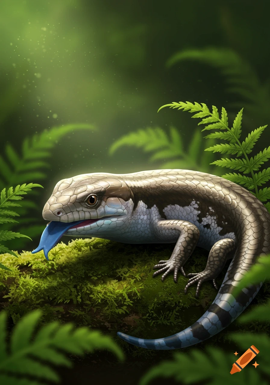 A blue-tongue skink with a bright blue tongue sits on a mossy log in a lush green forest, sunbeams filtering through the leaves.