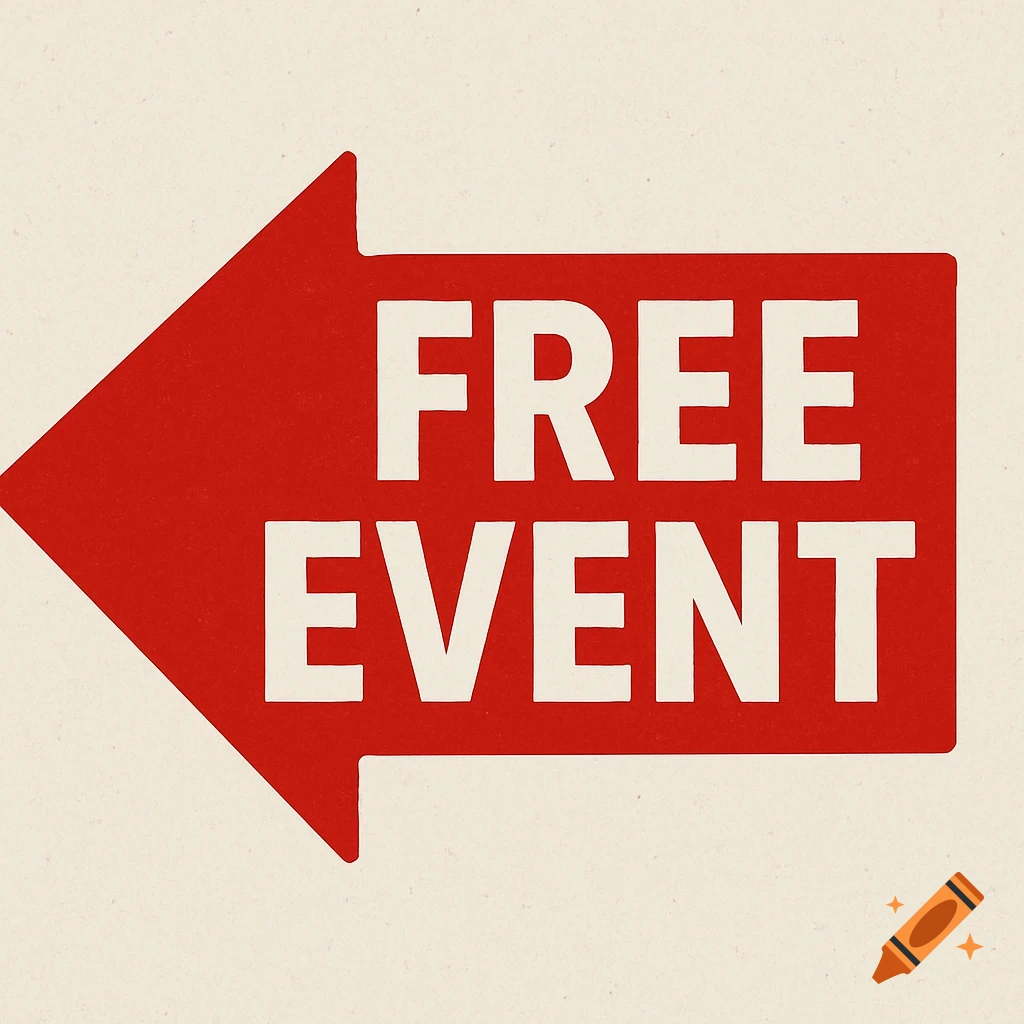 Red arrow pointing left with "FREE EVENT" in white text, on a textured off-white background.