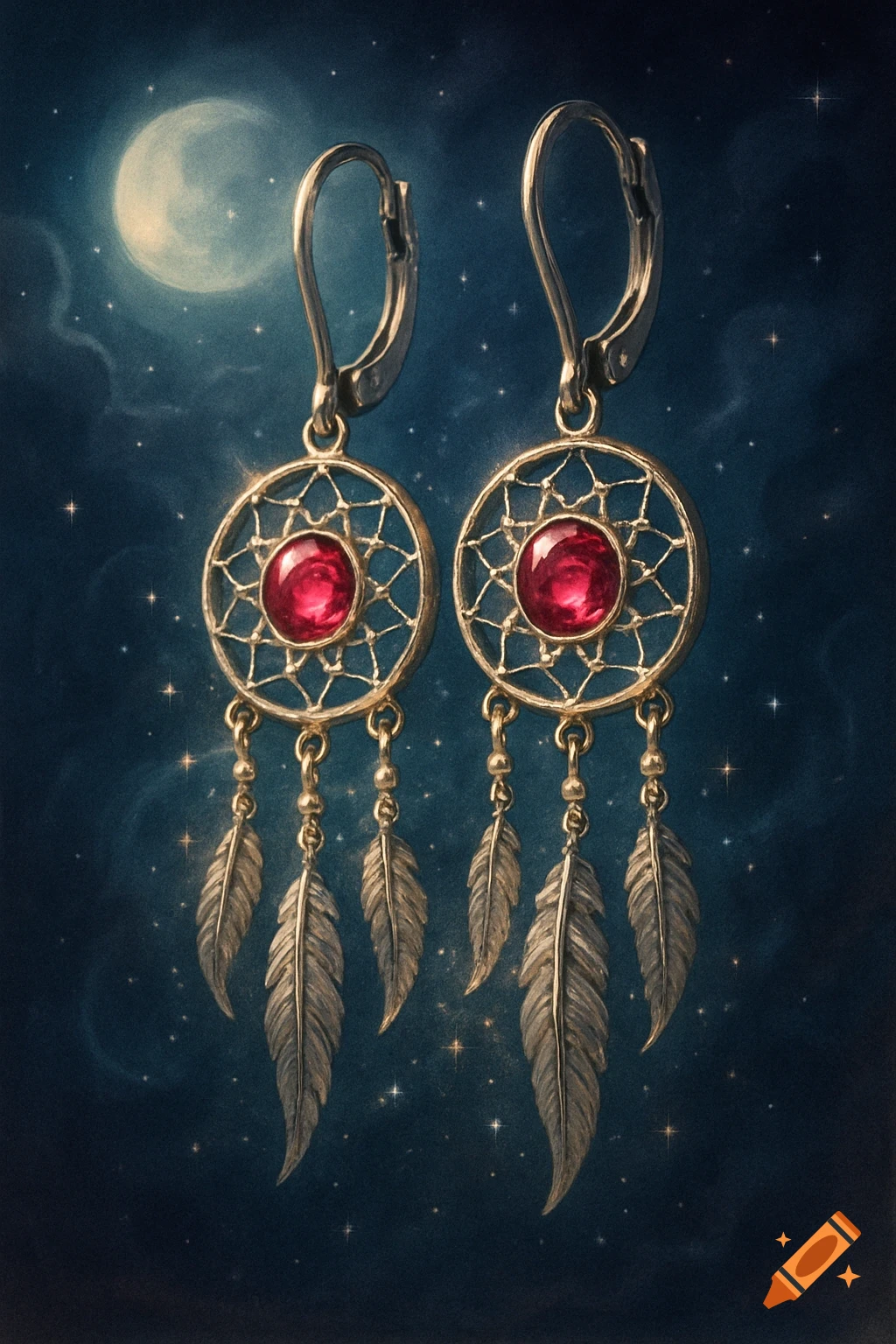 Two detailed golden dream catcher earrings with red gems and feathers against a mystical starry night sky with a crescent moon.