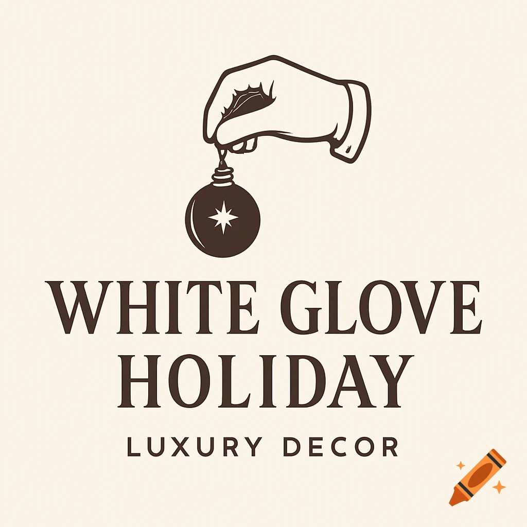 A brown and beige logo featuring a gloved hand holding a Christmas ornament above the text "WHITE GLOVE HOLIDAY LUXURY DECOR."