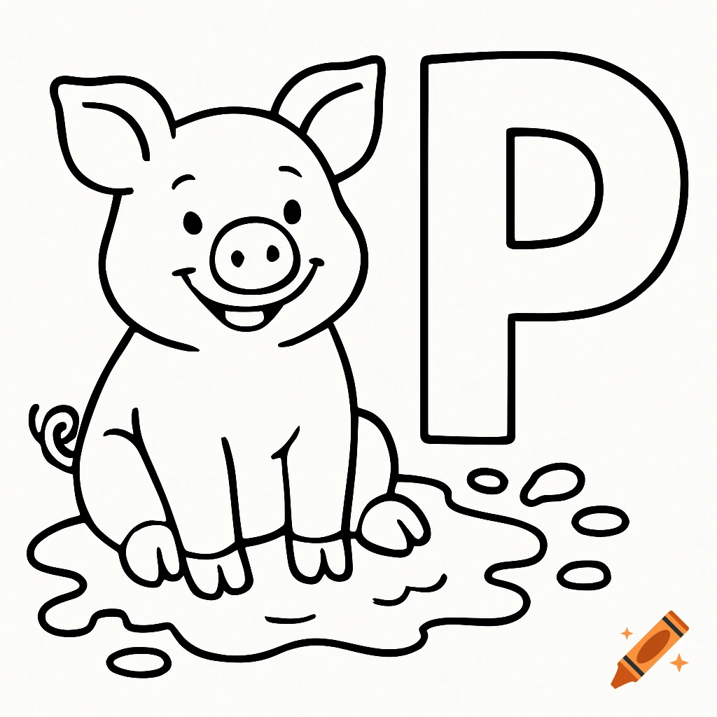 A smiling cartoon pig sits in the mud next to a large letter 'P', depicted in black outline coloring page style.