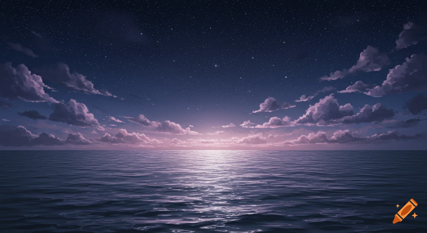 Vast ocean under a starry night sky with purple and pink clouds, reflecting light from the horizon.