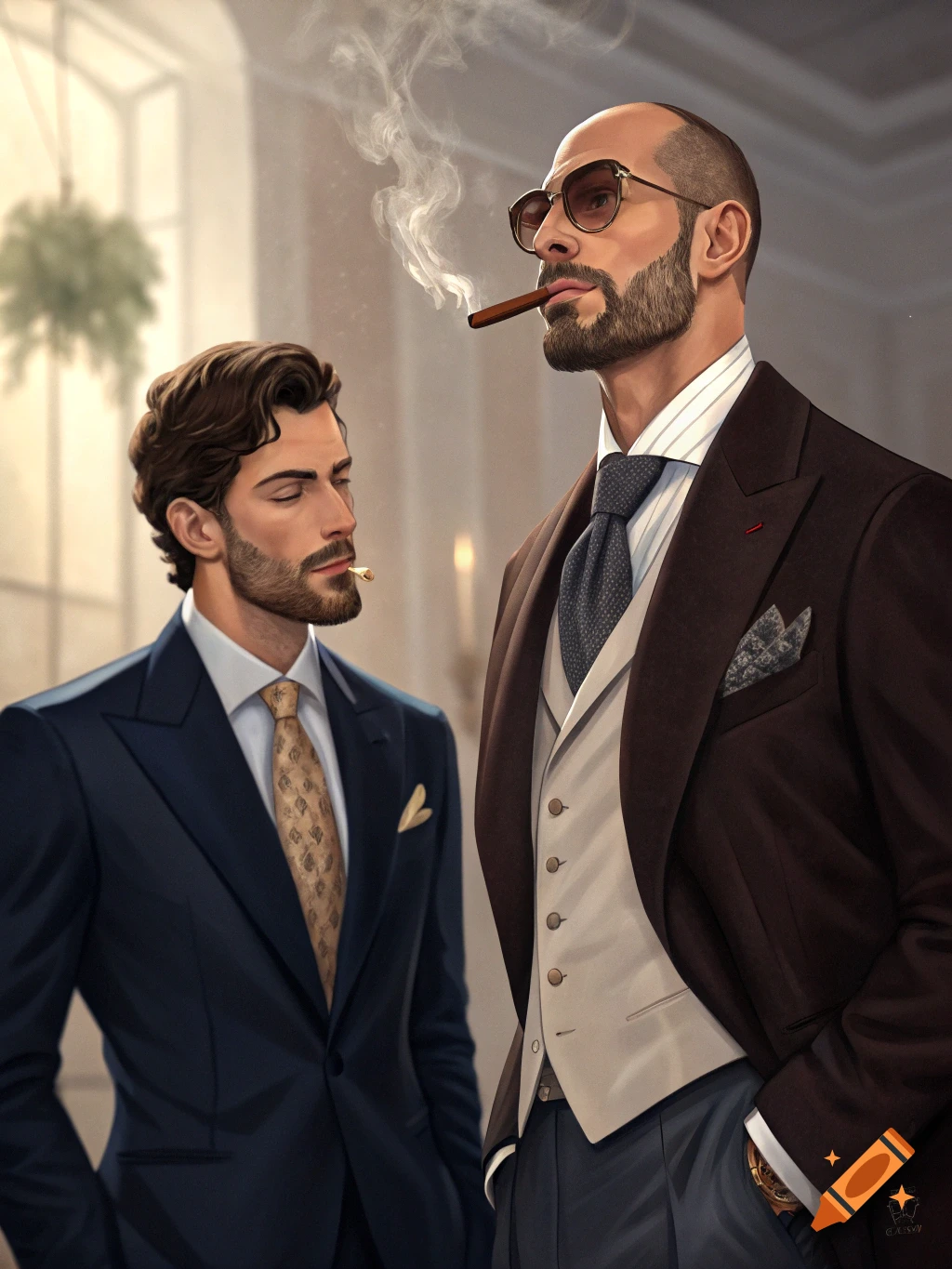 Two men in suits, one bald with sunglasses, the other with wavy hair, smoking cigars in a luxurious room.