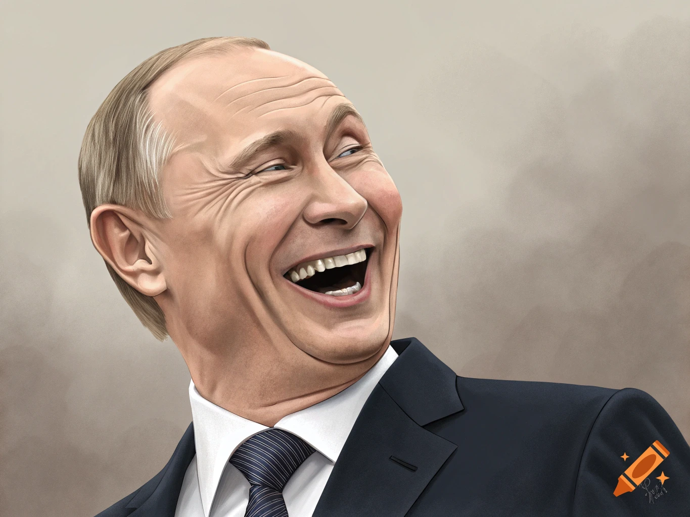 Caricature of Vladimir Putin laughing with his head tilted back, showing his teeth and deep facial wrinkles, against a plain background.