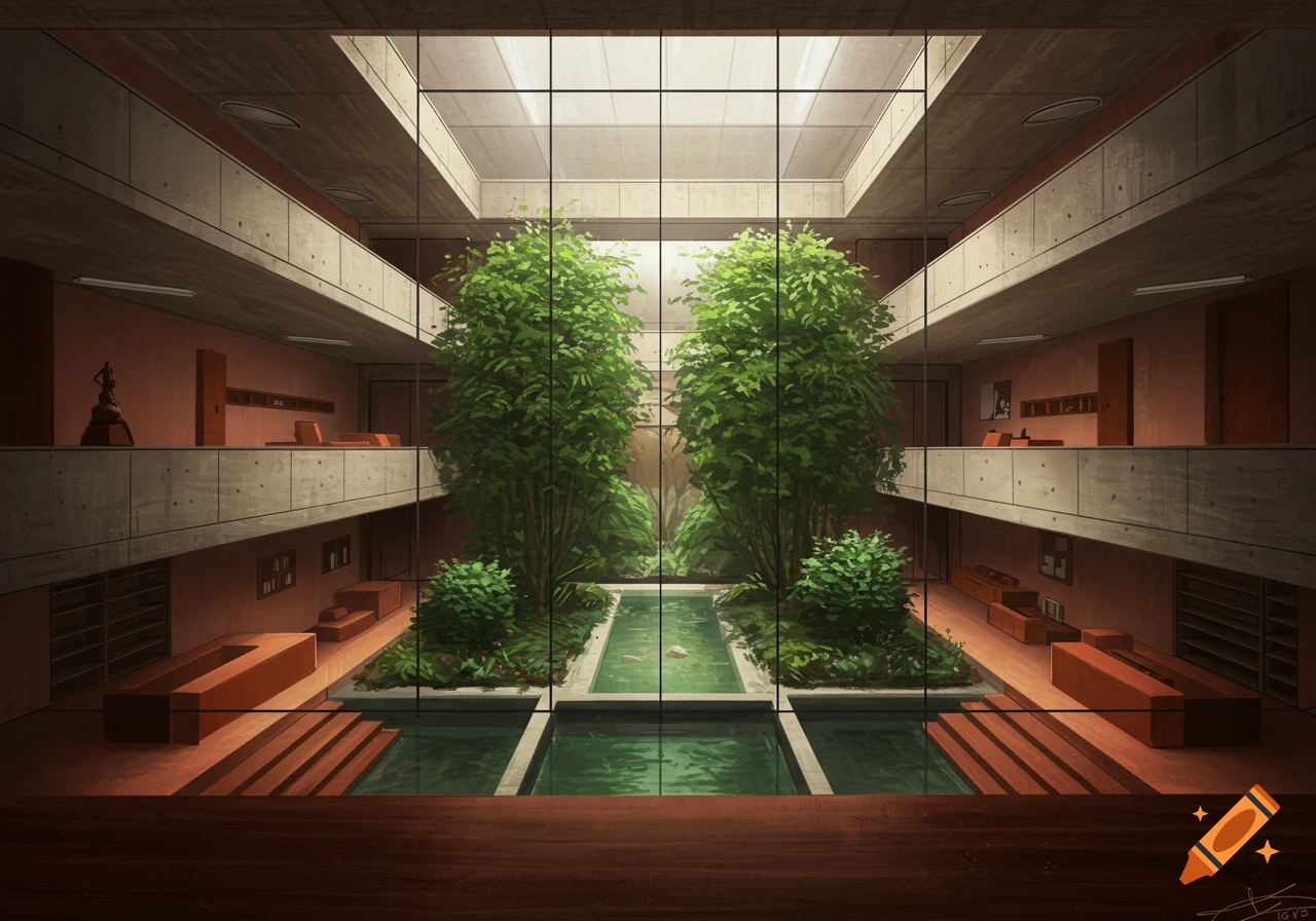 A realistic, luxurious brutalist house interior featuring a central, glassed-in two-story courtyard garden with lush trees, dense foliage, and a pond.