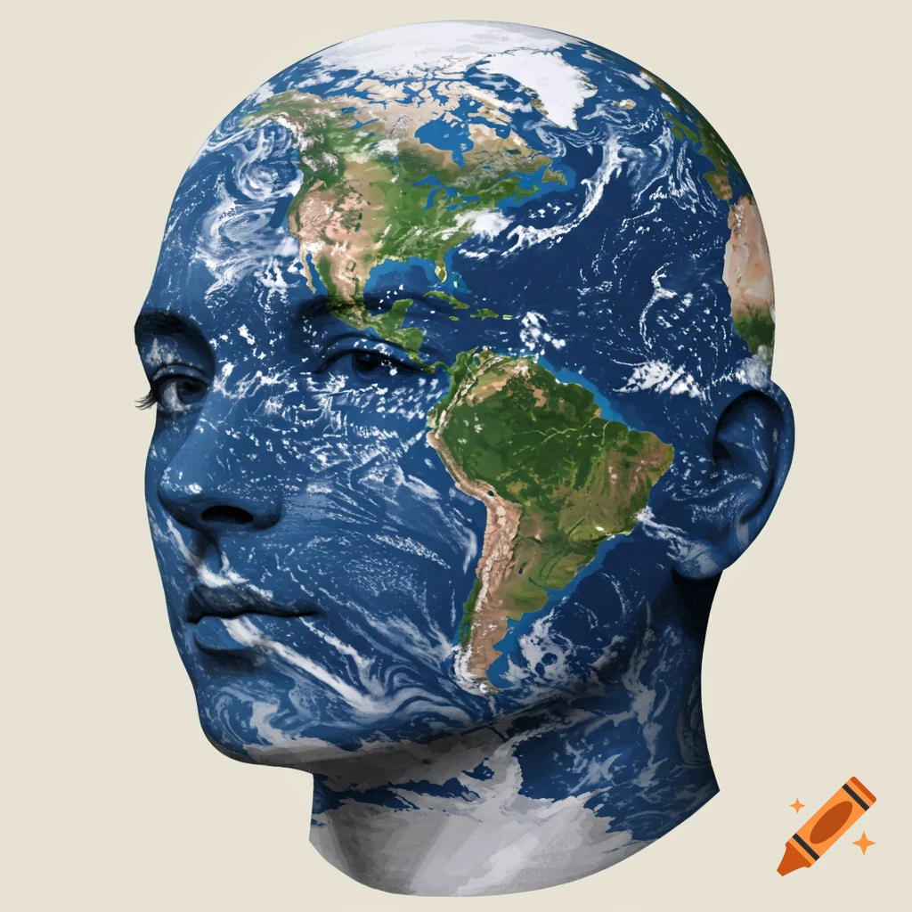 Side profile of a human head with the continents and oceans of Earth mapped onto its surface, against a plain background.