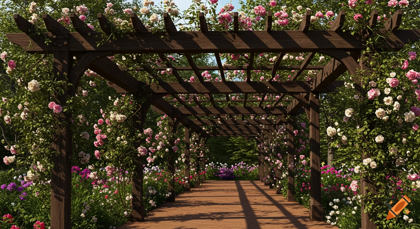 A long wooden pergola covered in pink and white climbing roses, with a path leading through a lush garden filled with colorful flowers.