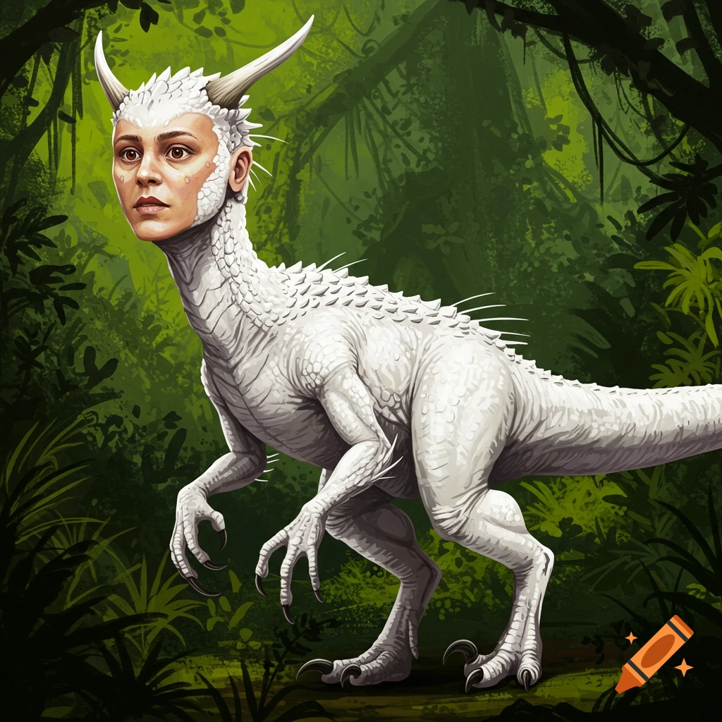 A white Indoraptor with a human face and horns stands in a dark green jungle.