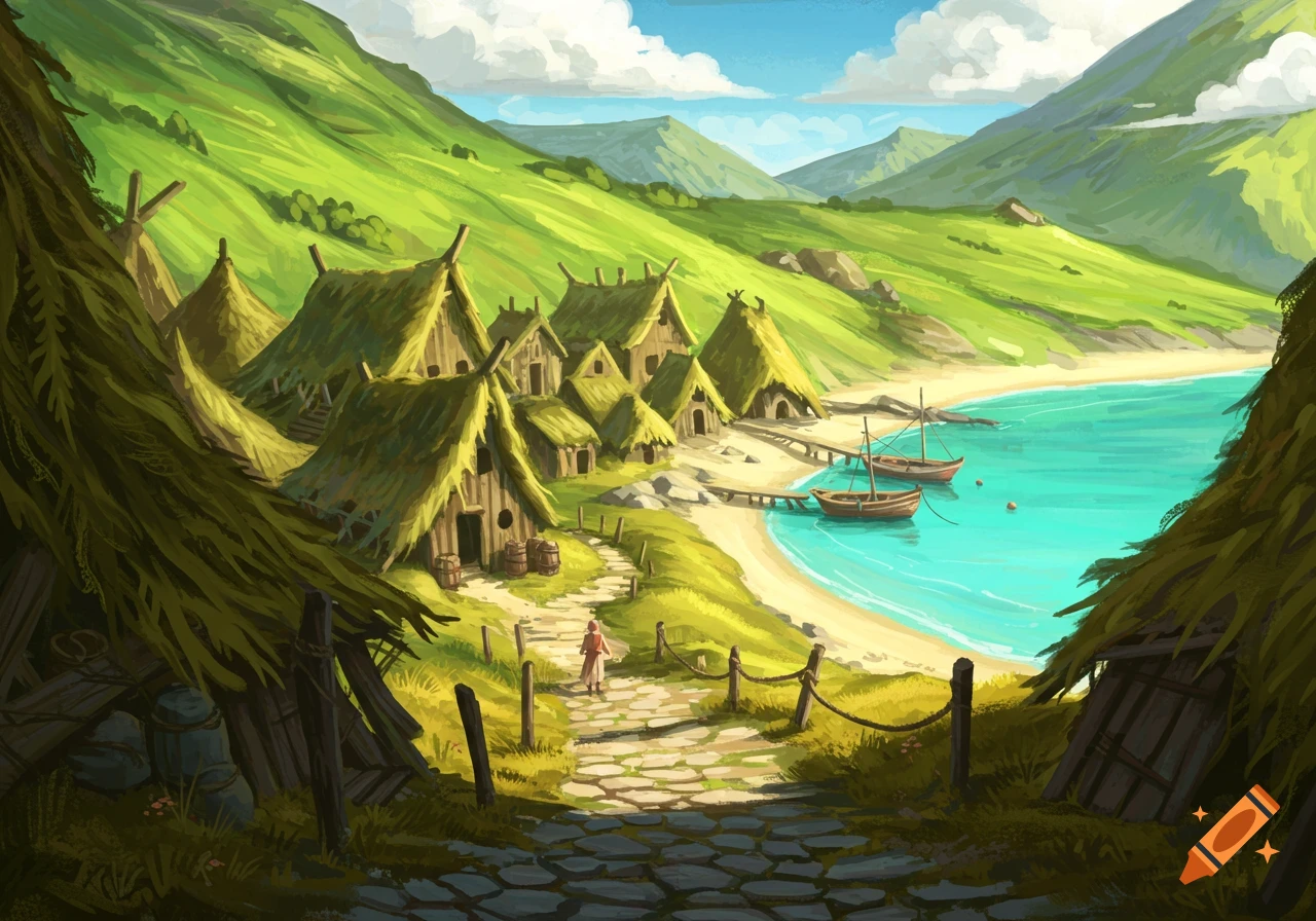 A vibrant illustration of a rustic seaside village nestled in a green valley, with thatched huts, boats on turquoise water, and a path leading to the beach.
