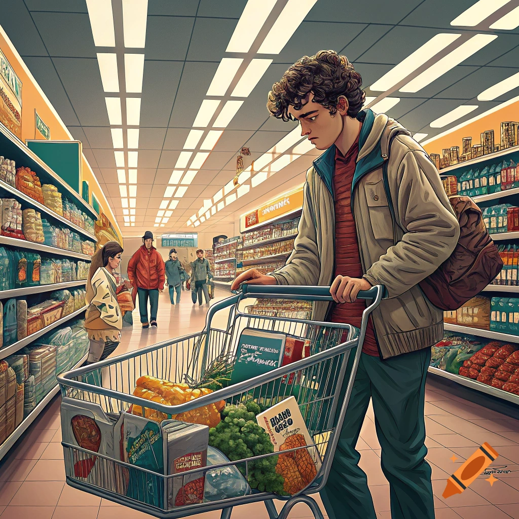 A young man with curly hair pushes a shopping cart filled with groceries down an aisle in a brightly lit supermarket.