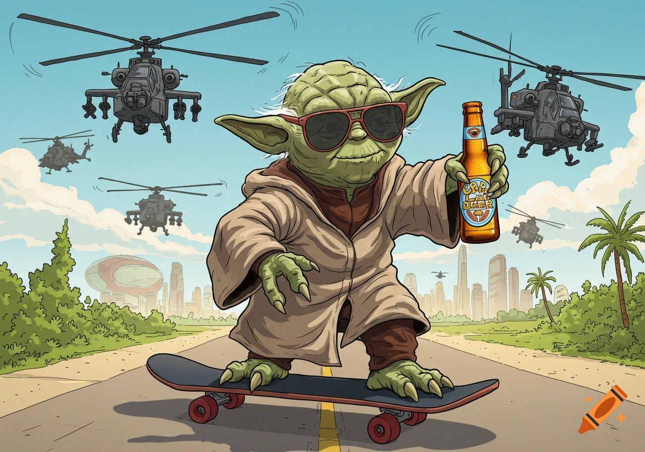 Cartoon Yoda with sunglasses skateboards on a road, holding a beer bottle, with Apache helicopters flying above a city skyline and palm trees.