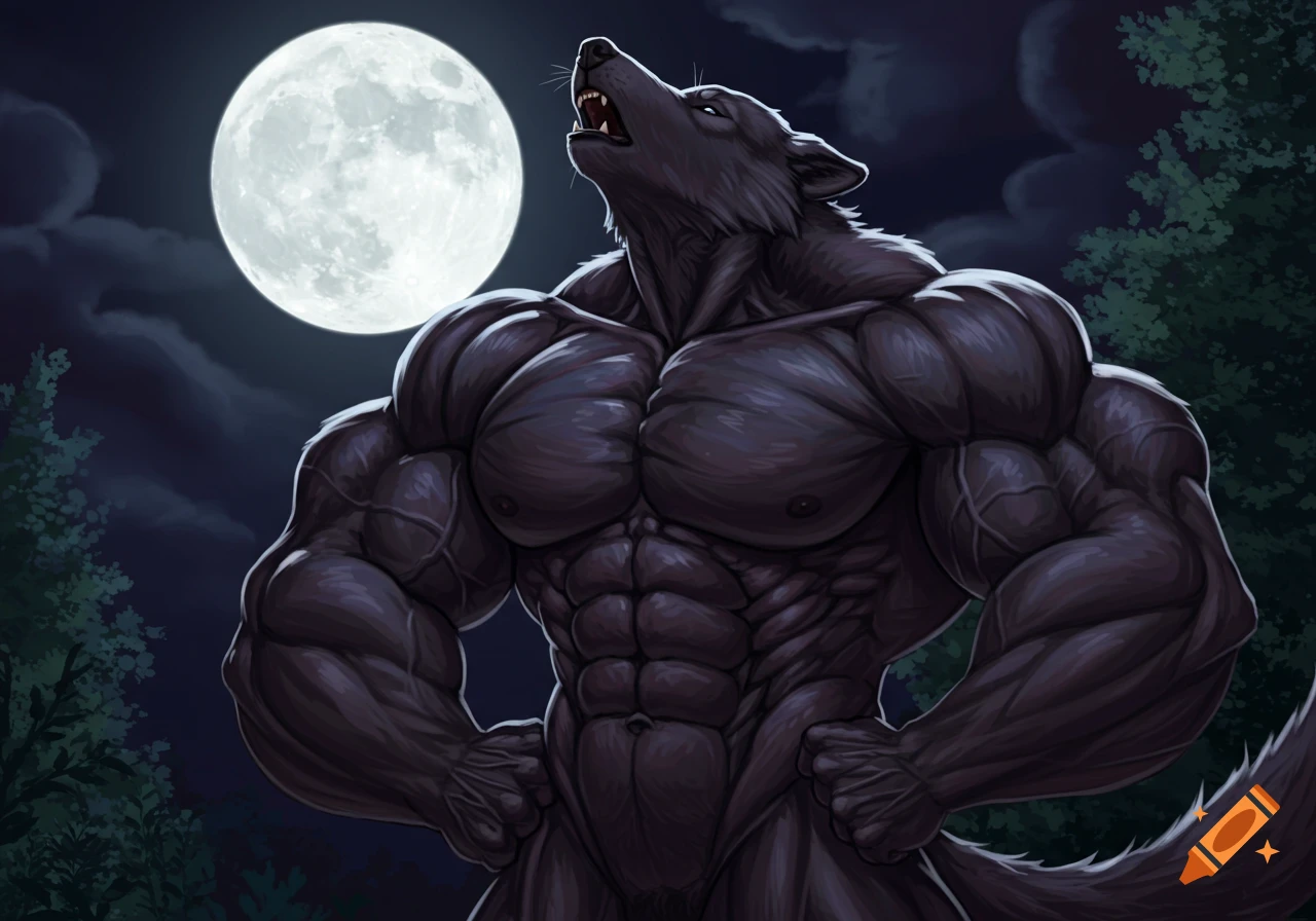 A muscular werewolf with bulging muscles howls at a large full moon under a dark night sky.