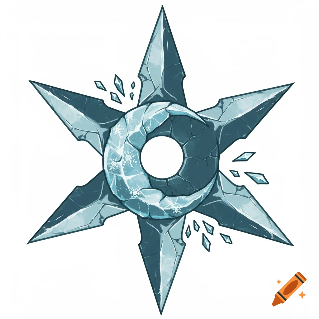 A stylized six-pointed shuriken made of jagged, blue-grey ice, with a crescent moon of lighter ice and frost integrated into its center, and small ice shards floating around it.