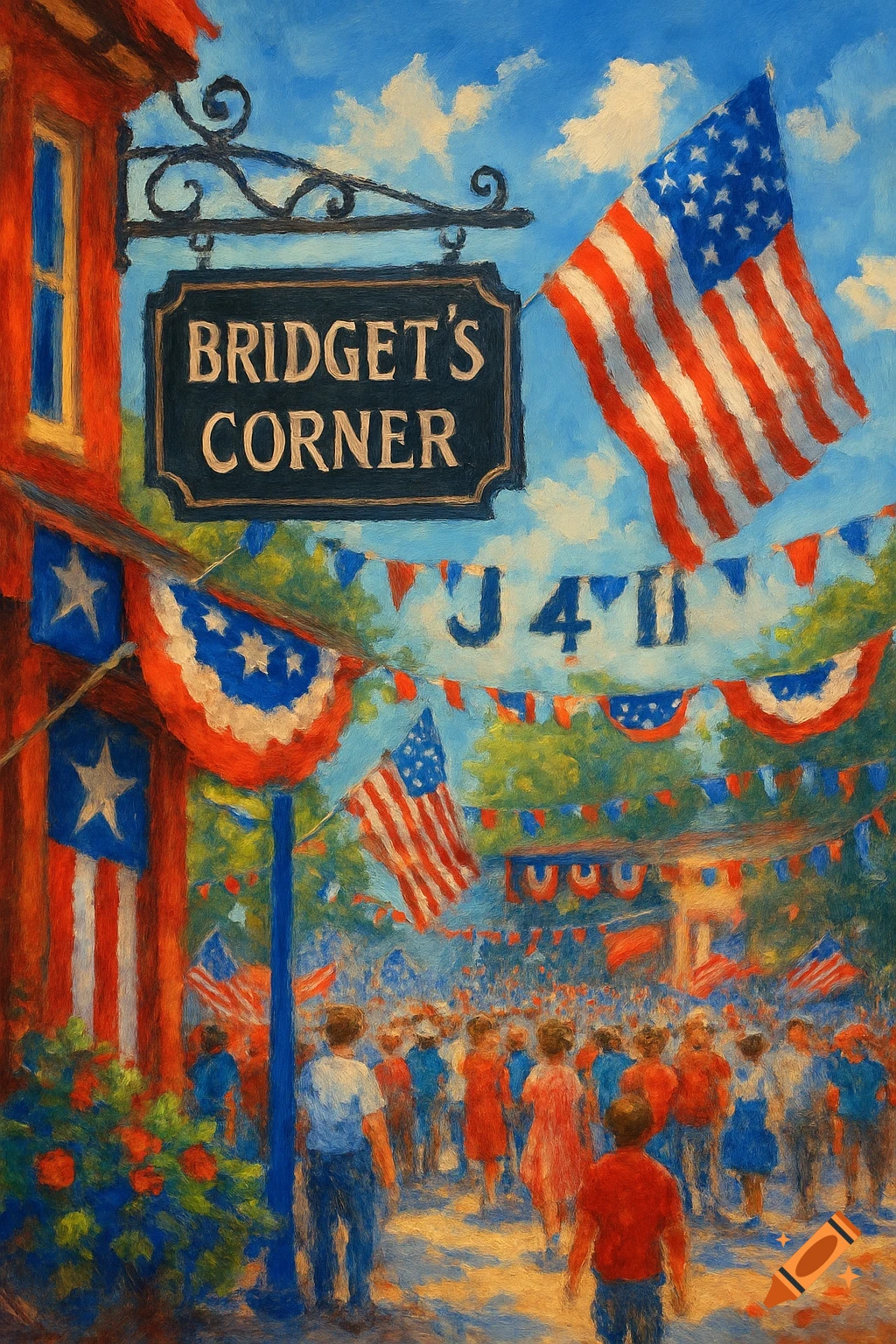 A vibrant oil painting depicts a bustling July 4th street scene with a sign for 'Bridget's Corner', American flags, banners, and a crowd.