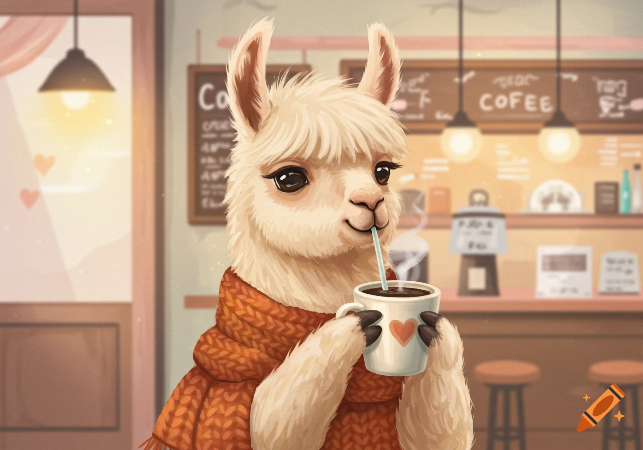 A cute llama wearing a scarf drinks coffee with a straw in a cozy coffee shop, illustration.