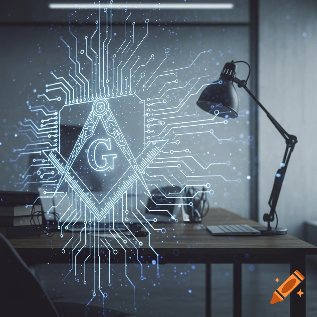 A digital workspace with a glowing circuit pattern forming a Masonic square and compass symbol with a 'G' in the center.