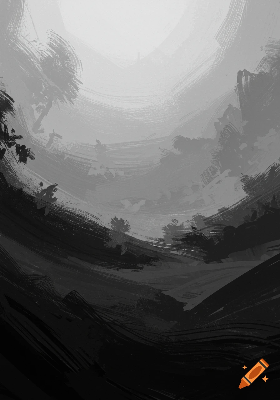 Abstract monochrome landscape painting with sweeping brushstrokes in shades of gray and black.