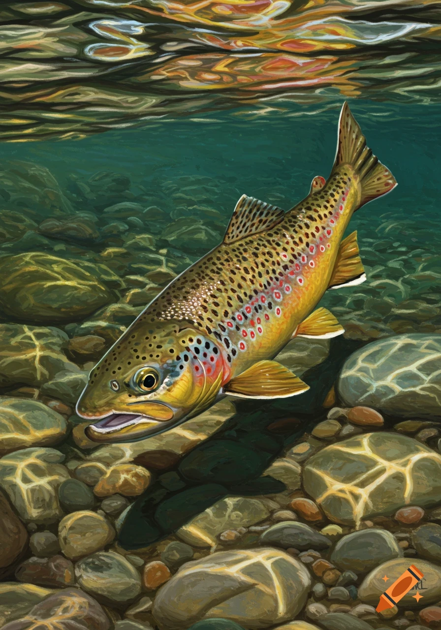 A detailed illustration of a brown trout swimming over a rocky riverbed, with light reflecting on the water's surface.