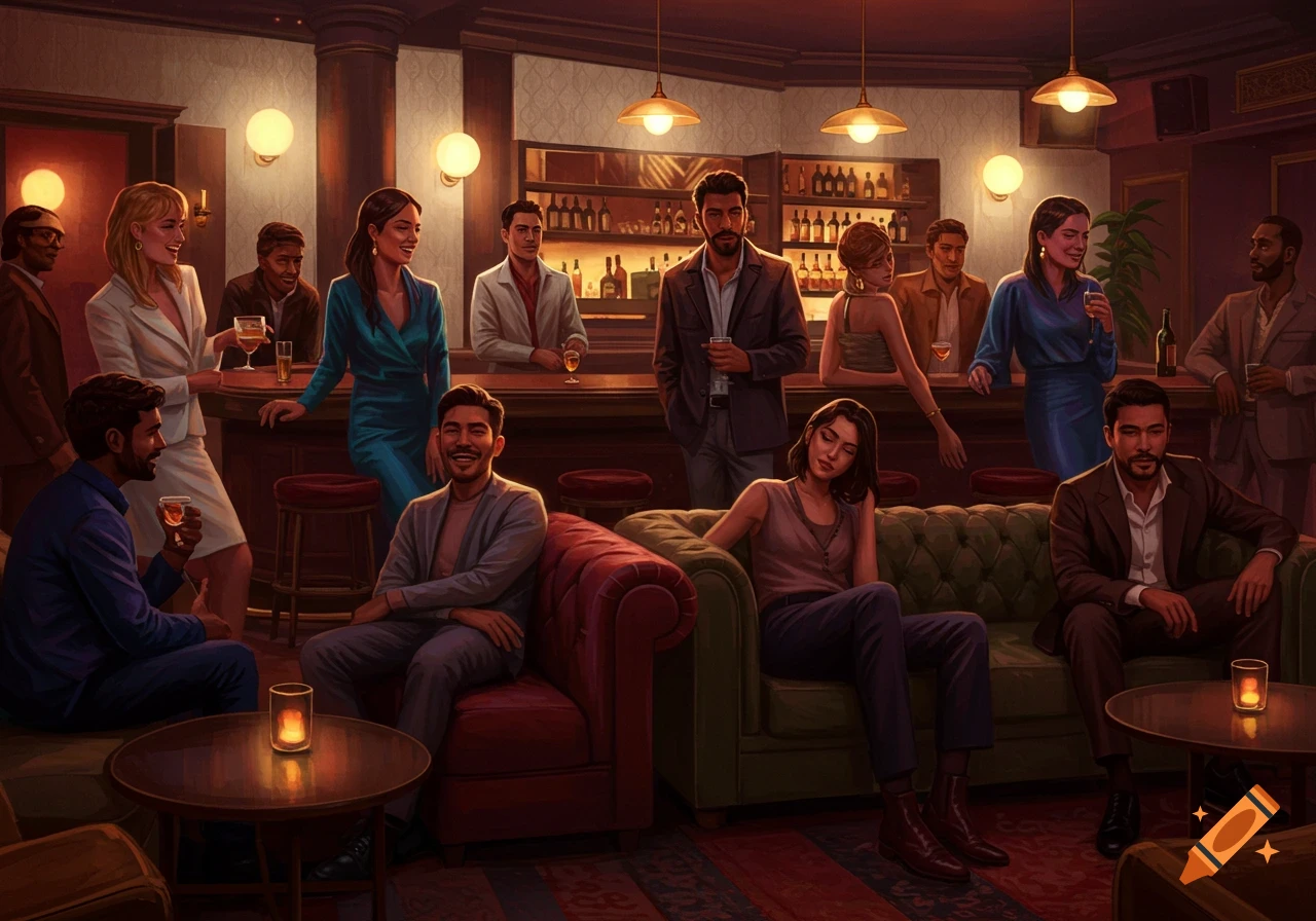 A group of people mingling and socializing in a cozy, dimly lit bar with warm lights, depicted in a digital painting style.