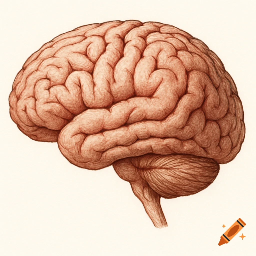 Anatomical illustration of a human brain in reddish-brown on a white background.