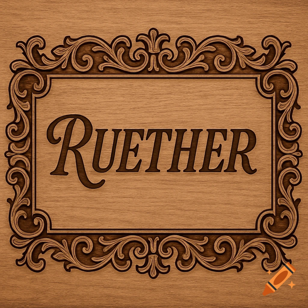 A wooden plaque with the name "RUETHER" engraved in a curly, bold font, surrounded by an extravagant scroll flourish border.