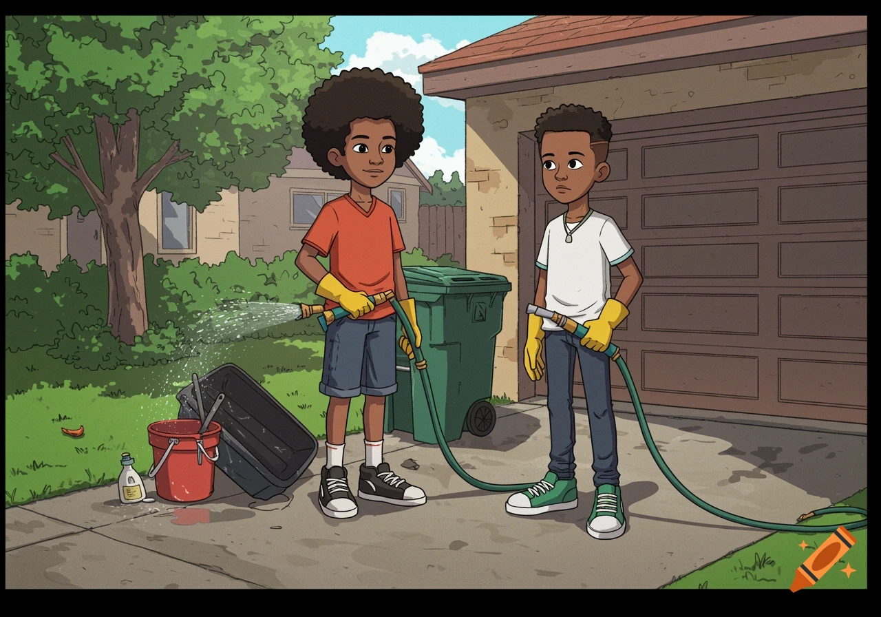 Two cartoon teenage boys in a driveway, wearing gloves and holding hoses, one spraying water, next to a tilted trash bin.