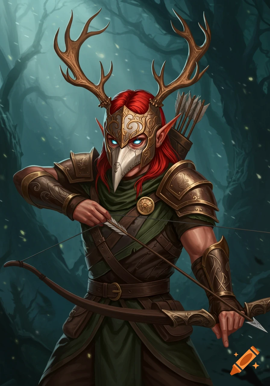 A red-haired half-elf archer in ornate armor, a stag-horned helmet, and plague doctor's mask, drawing a longbow in a dark forest.