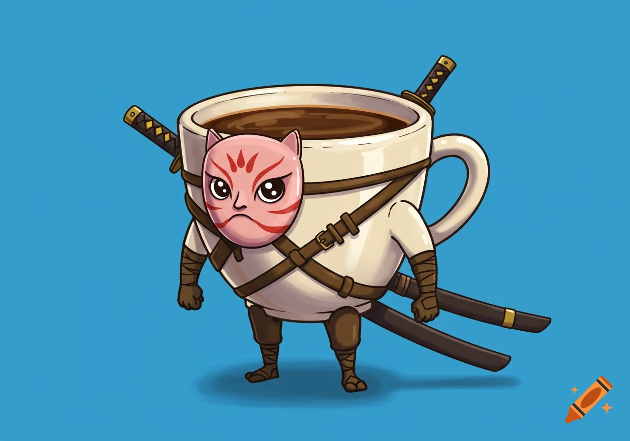Cartoon coffee cup character wearing a ninja mask and carrying two katanas on a blue background.