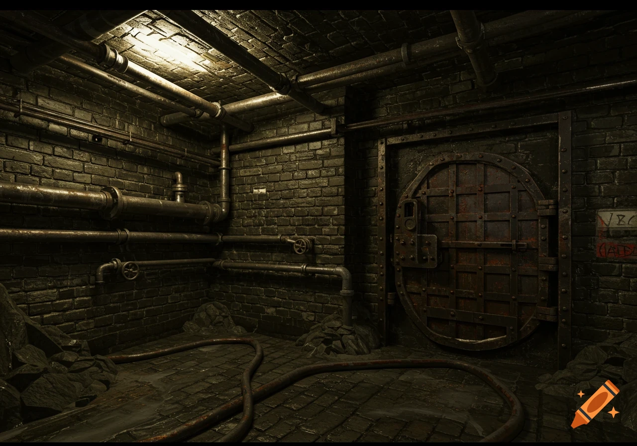 A dark, grimy underground room with brick walls, rusty pipes, a large circular metal door, and wet, debris-strewn floor.