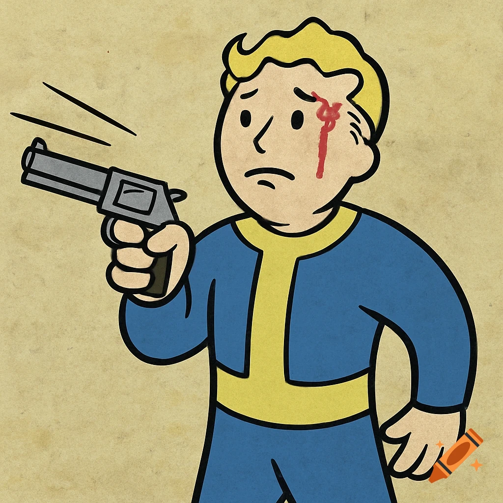 Fallout Vault Boy cartoon character with blood on his forehead holding a pistol with a sad expression.