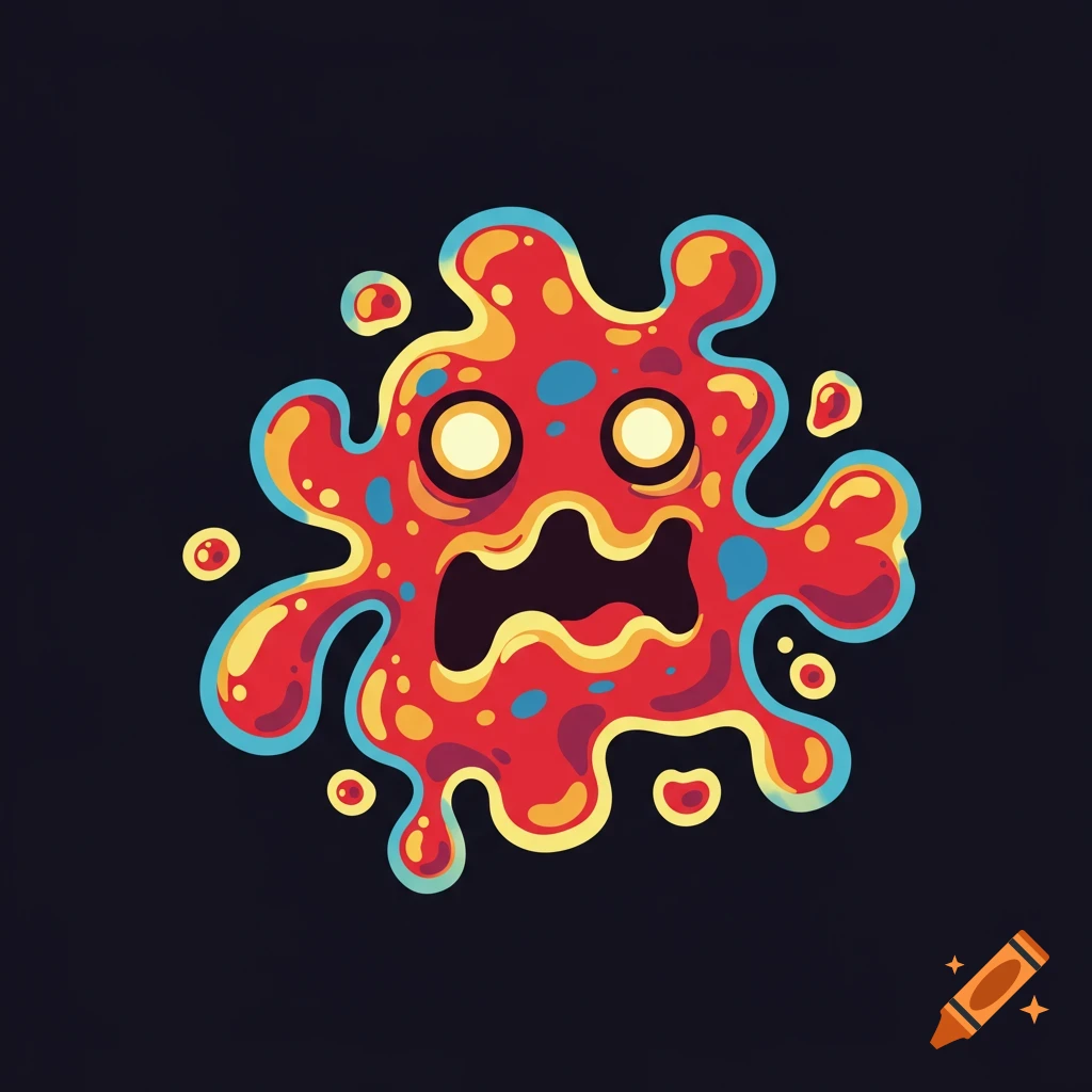 A colorful, red blob monster with wide yellow eyes and an open mouth in a retro vector cartoon style.