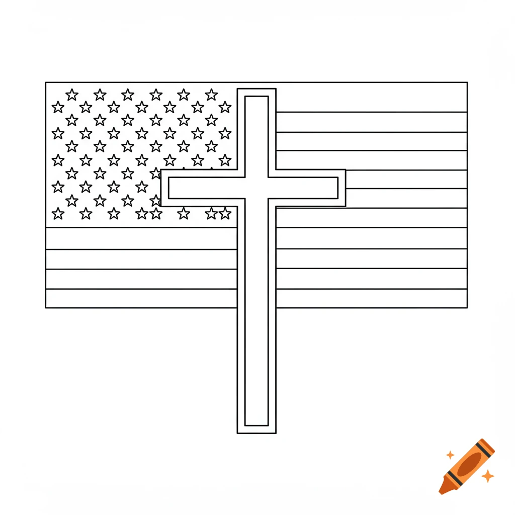 Black outline drawing of an American flag with a Christian cross superimposed over it.
