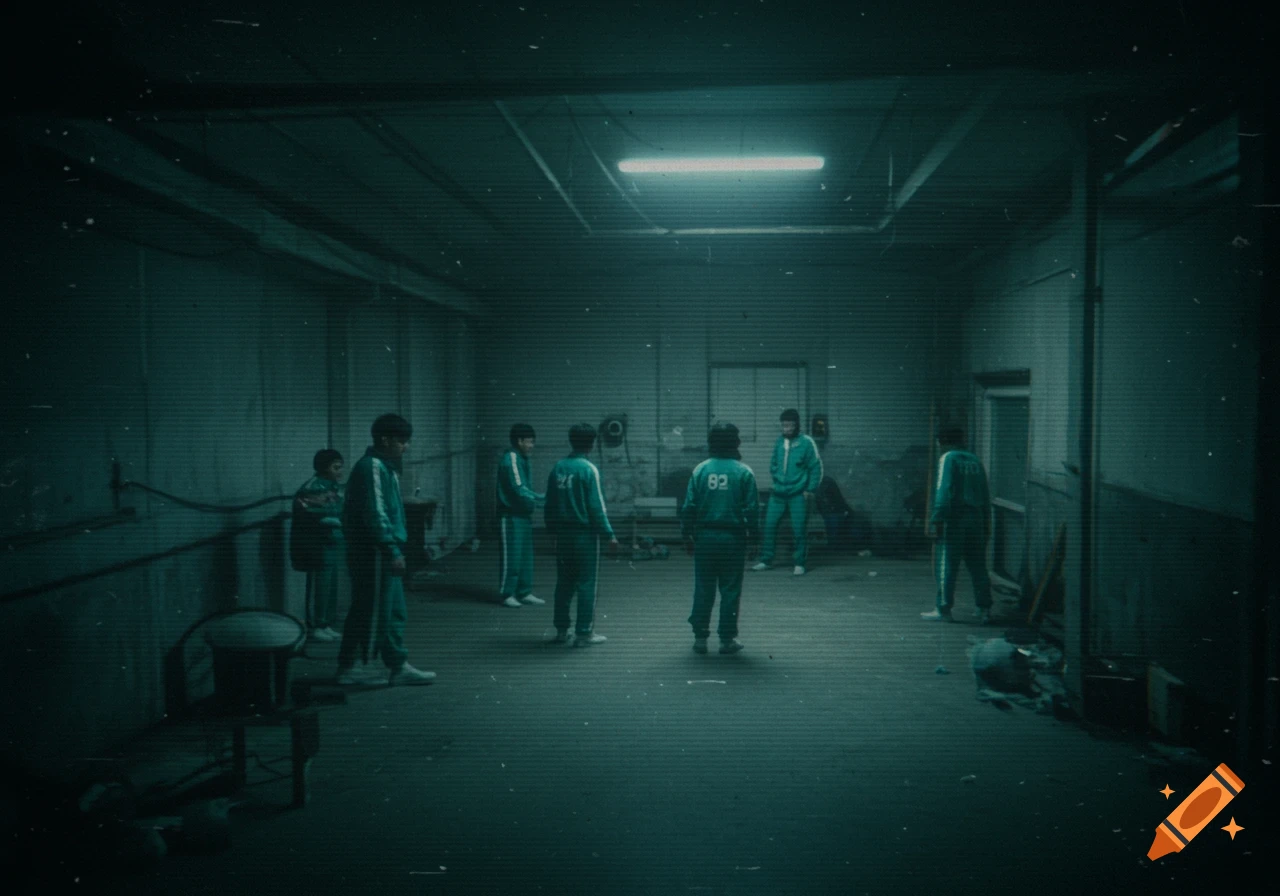 Group of people in green tracksuits in a dark, grimy room, viewed through a grainy CCTV camera filter.