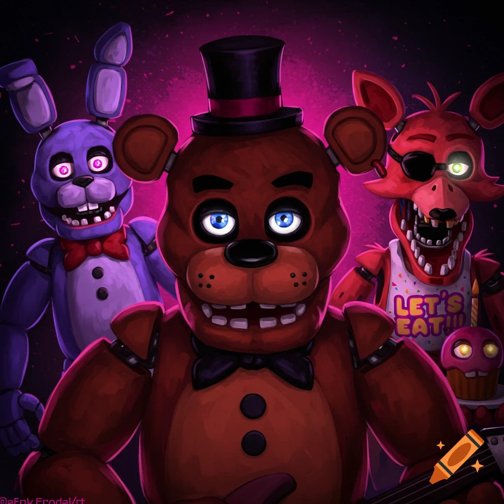 Close-up digital illustration of Freddy Fazbear, Bonnie, and Foxy from Five Nights at Freddy's on a pink background. Foxy wears a bib that says 'LET'S EAT!!!'.