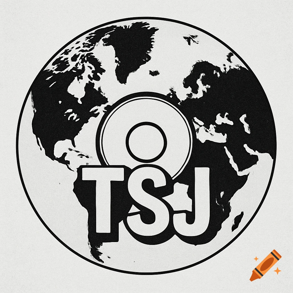 Black and white logo featuring a world map within a circle, overlaid with the letters TSJ and a ring symbol, resembling a record.