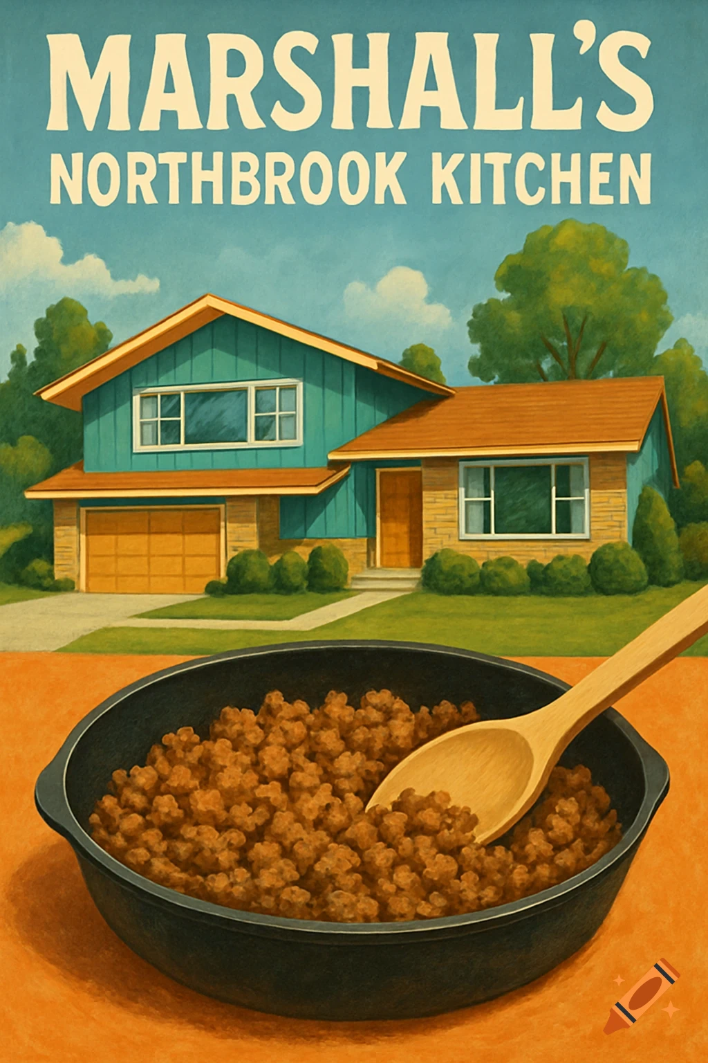 Retro poster advertising Marshall's Northbrook Kitchen, showing a 1960s house and a skillet of ground meat with a spoon.