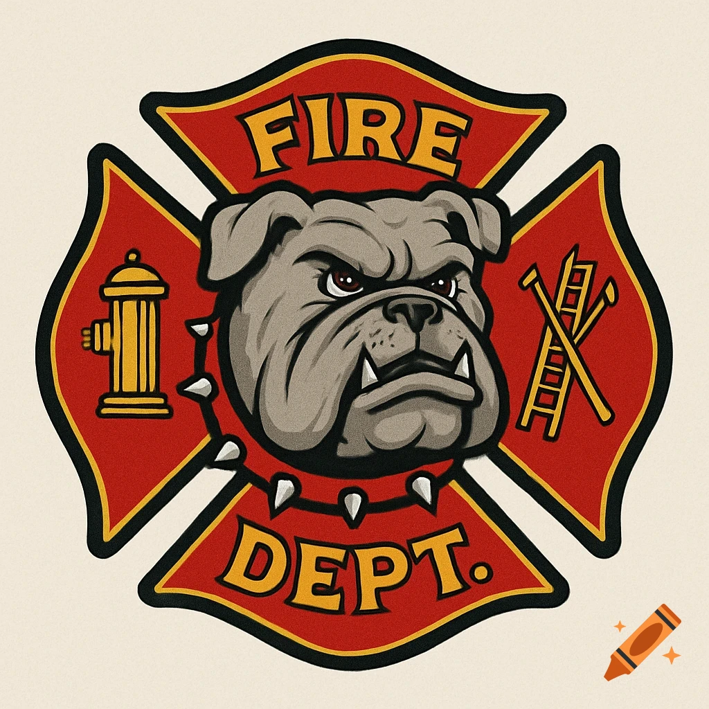 A red and yellow Maltese cross fire department logo featuring a gray bulldog head, a fire hydrant, ladders, and "FIRE DEPT." text.