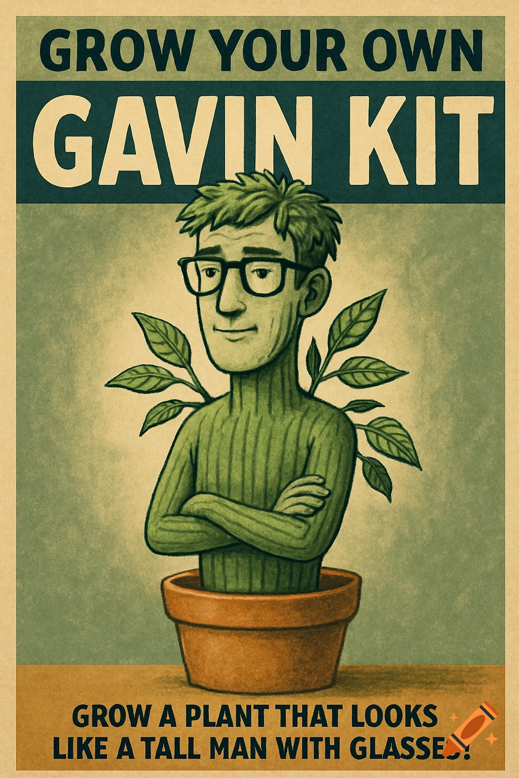 Vintage-style poster shows a plant in a pot, with a green man with glasses as its stem, captioned "Grow Your Own Gavin Kit".