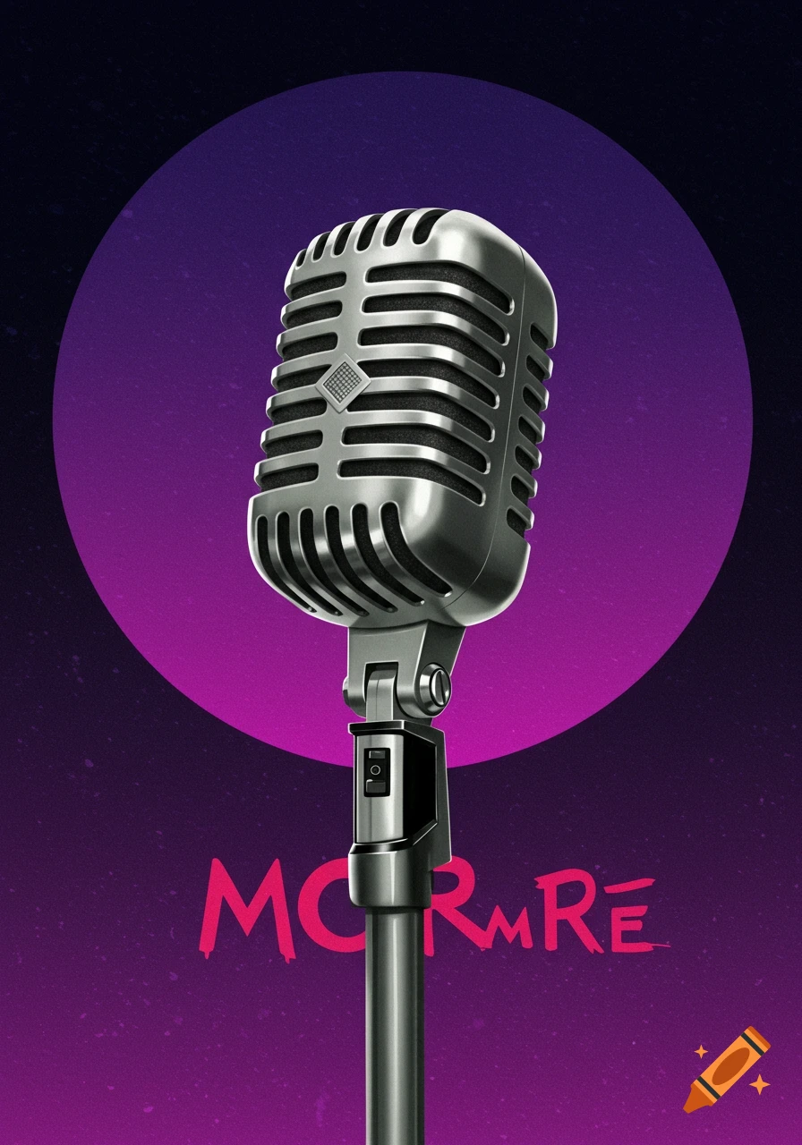A silver vintage microphone stands on a black pole against a gradient purple circular background, with stylized pink text 'MCRMrE' at the bottom.