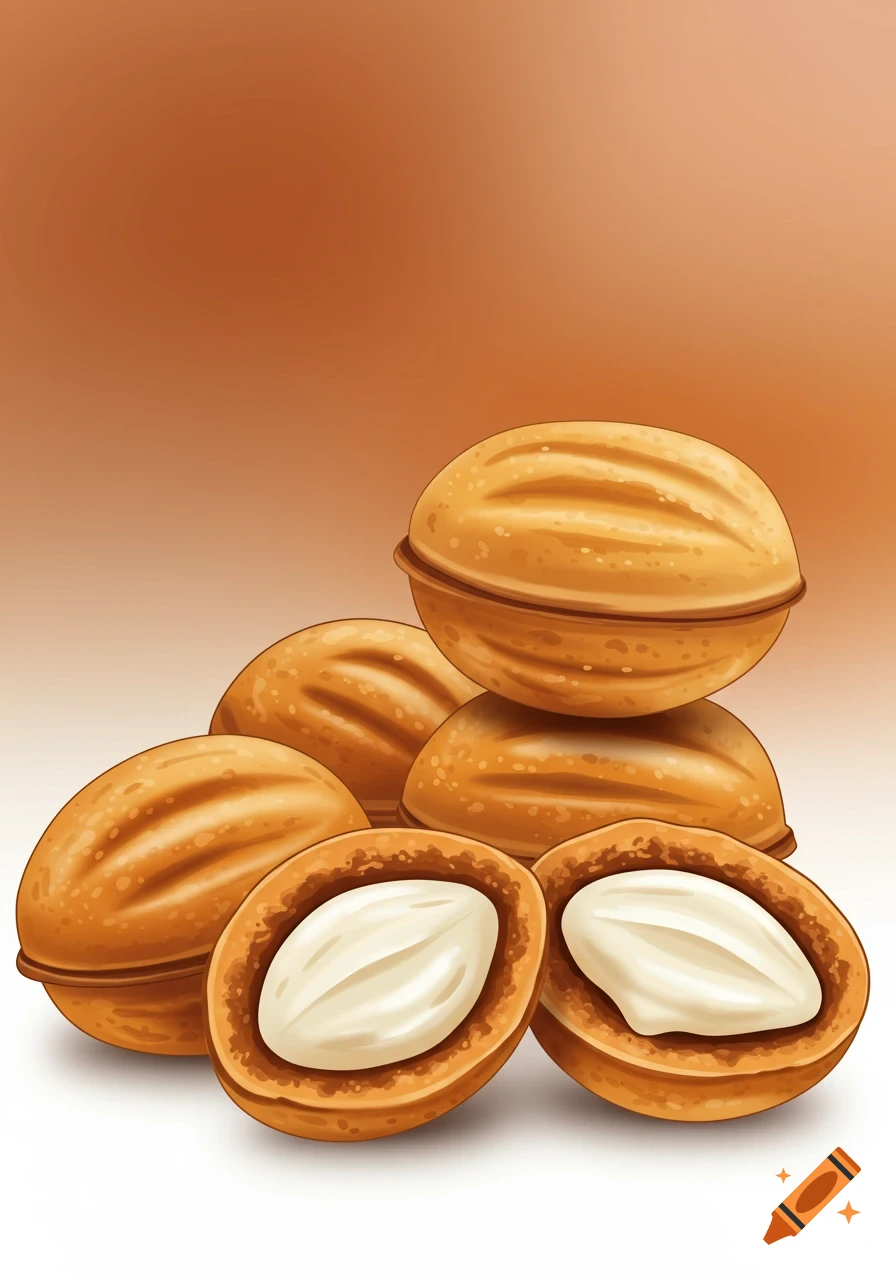 A stack of golden oreshki cookies, two of which are halved to show a creamy filling, against a brown gradient background.