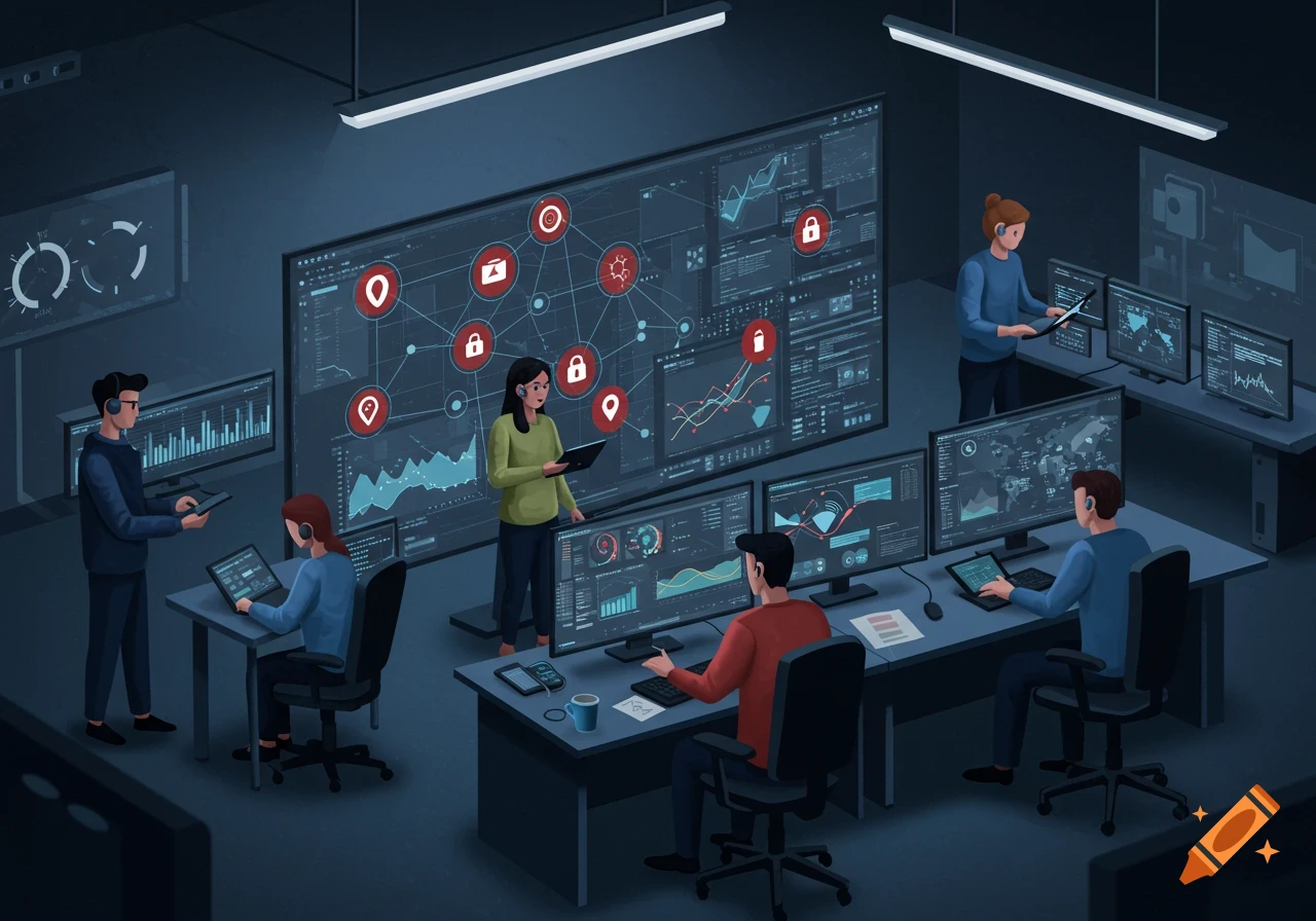 An illustrated scene of IT professionals monitoring data screens in a cybersecurity control room.