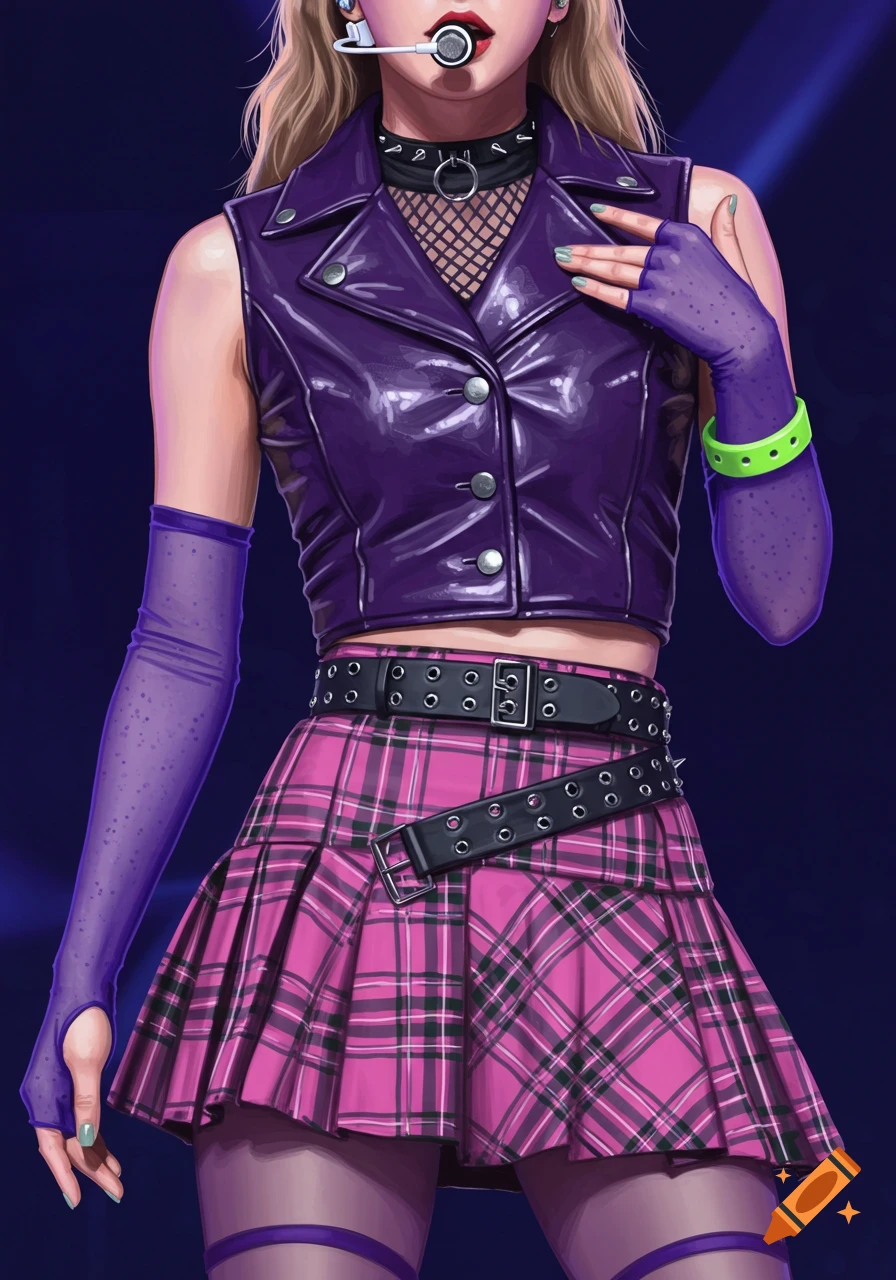 Digital illustration of a person in a Kpop punk outfit: purple leather vest, pink plaid skirt, mesh gloves, and earset mic.